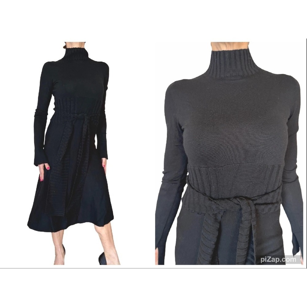 Dorothee Schumacher 2 US S Knit Sweater Dress Black Self Tie Midi Virgin Wool
